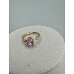 Gold Tone Pink Oval Stone Bypass Ring with Clear Accents Open Band Wrap Style
